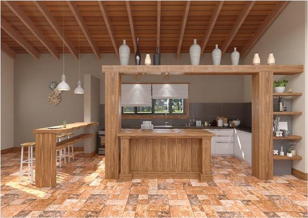 Cocina abierta con isla de madera, barra y techo de vigas (render del proyecto)