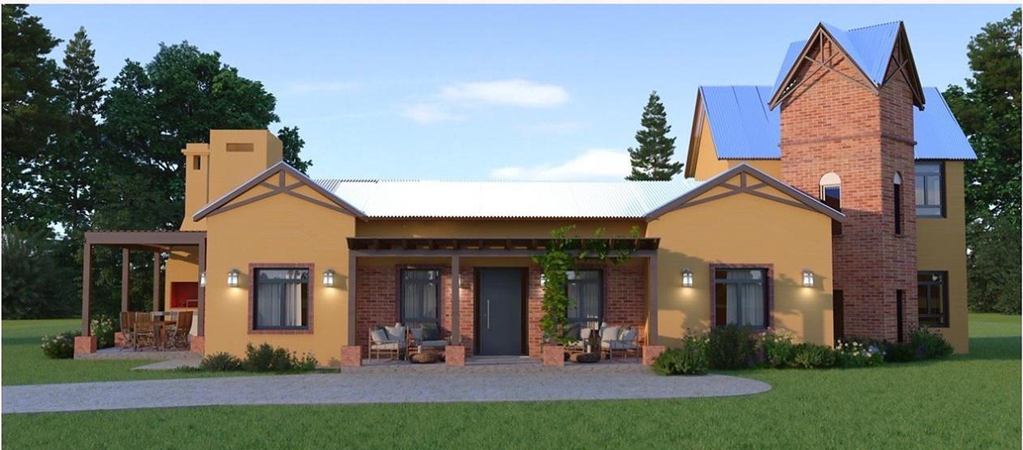 Frente de The Lake House Monte: casa con galería, torre de ladrillo y techos de chapa (render del proyecto)