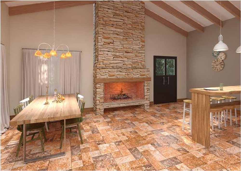 Salón con gran hogar de piedra, mesa de madera y vigas a la vista (render del proyecto)